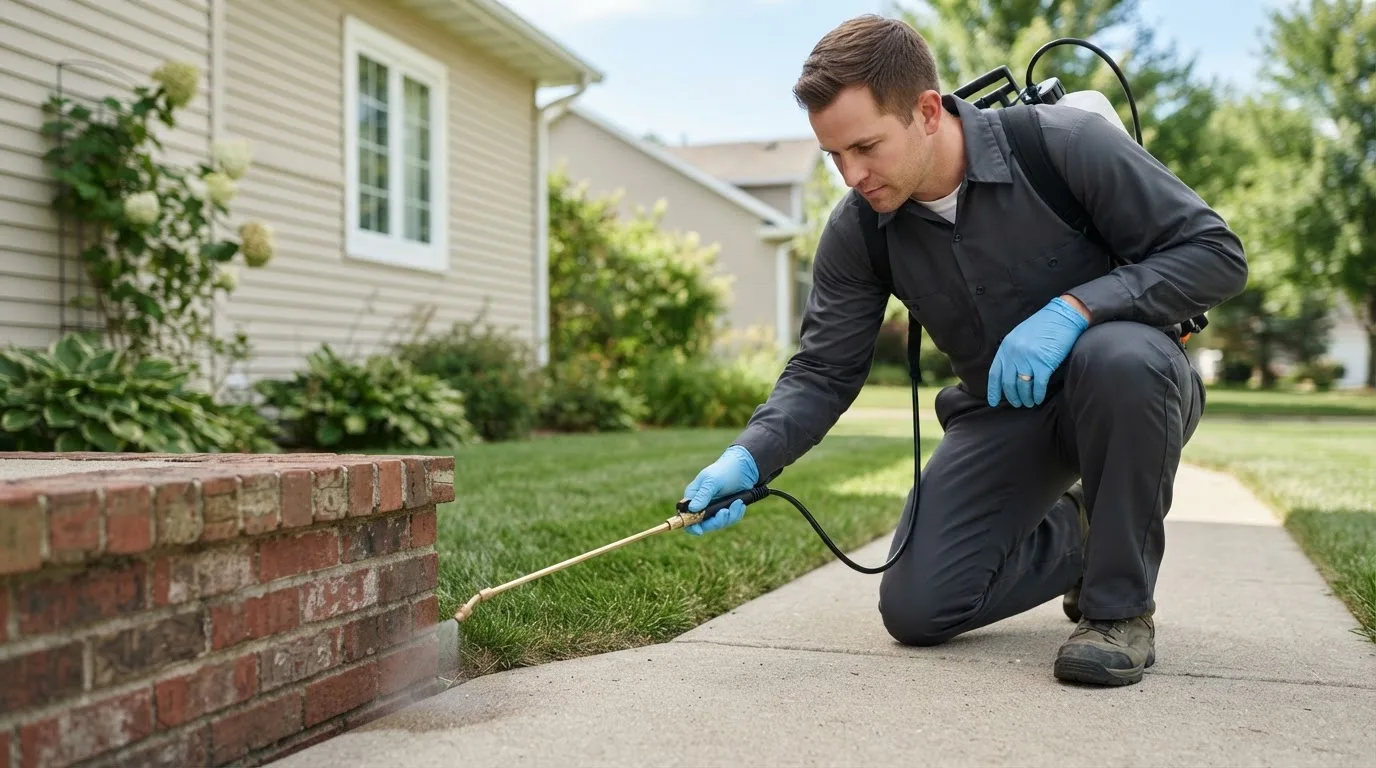 Pest control technician treating a home near Belmont, WI